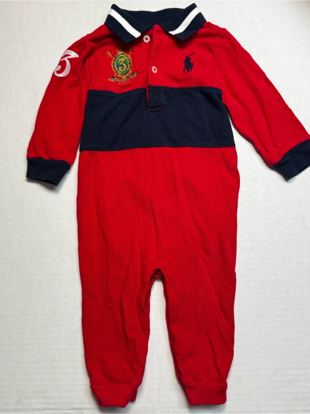 Ralph Lauren Cotton Pique Collared Coverall In Red, Blue Size: 9M